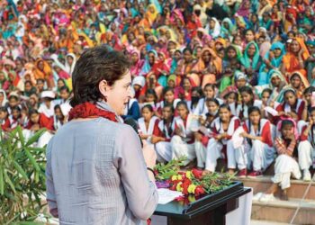 Priyanka Gandhi Vadra addresses the Ladki Hoon Lad Sakti Hoon programme in Chitrakoot on Wednesday. PTI.