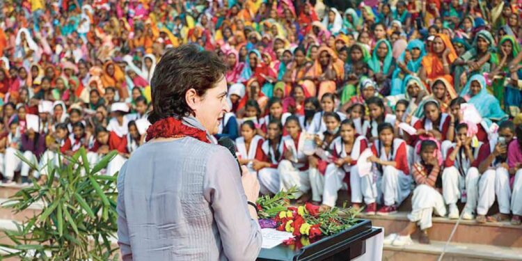 Priyanka Gandhi Vadra addresses the Ladki Hoon Lad Sakti Hoon programme in Chitrakoot on Wednesday. PTI.