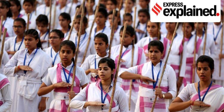A foot march by the RSS women's wing in Lucknow in May 2022.