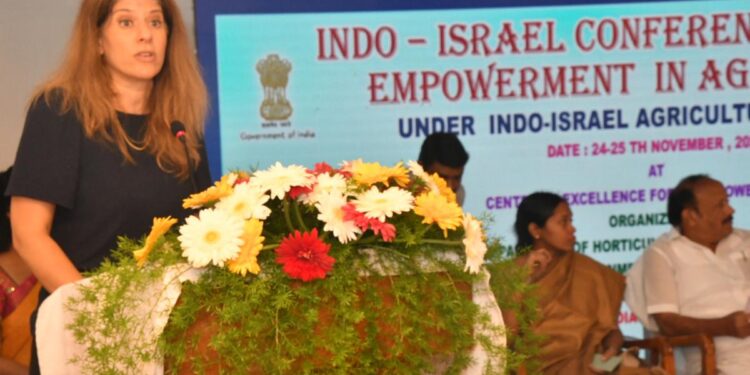 Tammy Ben Haim, Consul General of Israel to South India, speaking at the Indo-Israel Conference on Women Empowerment in Krishnagiri on Thursday.