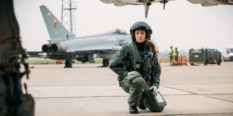 A female Eurofighter Typhoon pilot in the British Royal Air Force.
