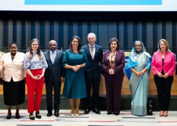Women Heads of State and Government on stage, together with the President of the General Assembly and his predecessor, for a meeting on the sidelines of UNGA77, part of the newly established Platform of Women Leaders..