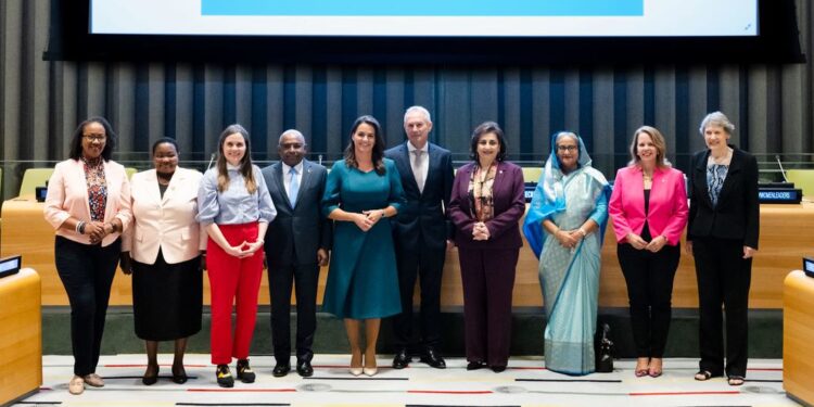 Women Heads of State and Government on stage, together with the President of the General Assembly and his predecessor, for a meeting on the sidelines of UNGA77, part of the newly established Platform of Women Leaders..