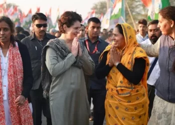 Congress leader Priyanka Gandhi Vadra seen walking along with party workers and women from neighbouring parts of Rajasthan's Bundi on Monday.