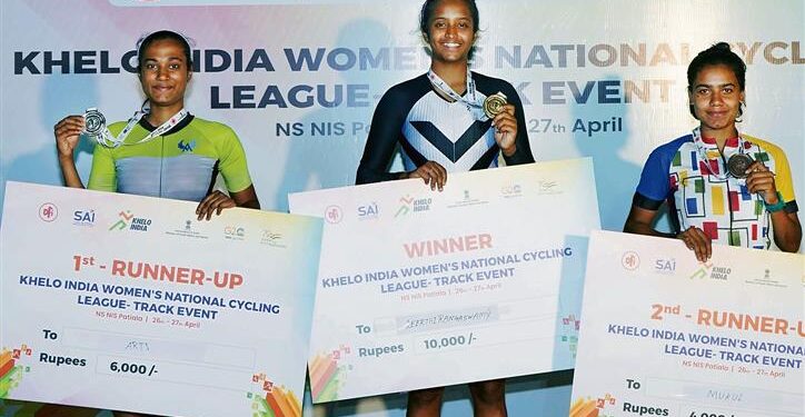 Winners of Khelo India Women’s Track Cycling League pose with their medals at Netaji Subhas National Institute of Sports in Patiala on Thursday.
