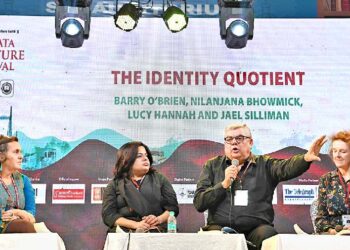 (From left) Jael Silliman, Nilanjana Bhowmick, Barry O’Brien and Lucy Hannah in conversation at the Kolkata Literature Festival at Salt Lake’s Central Park on Thursday evening