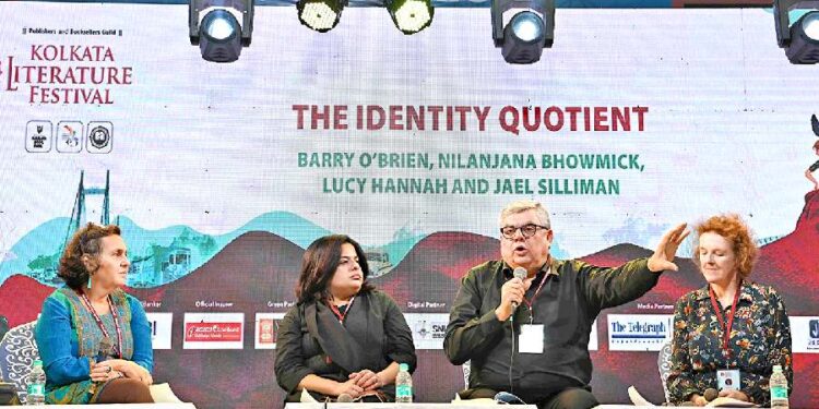 (From left) Jael Silliman, Nilanjana Bhowmick, Barry O’Brien and Lucy Hannah in conversation at the Kolkata Literature Festival at Salt Lake’s Central Park on Thursday evening