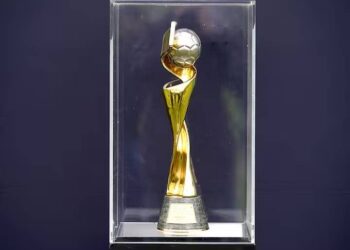 A general view of the Women's World Cup trophy on display during the FIFA Women's World Cup Trophy Tour at Irishtown Stadium in Dublin, Ireland.