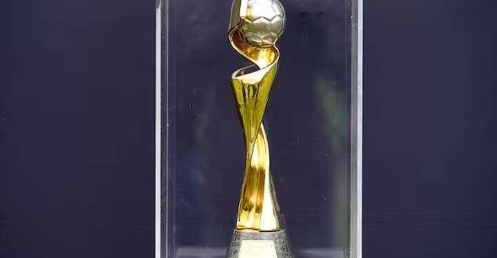 A general view of the Women's World Cup trophy on display during the FIFA Women's World Cup Trophy Tour at Irishtown Stadium in Dublin, Ireland.